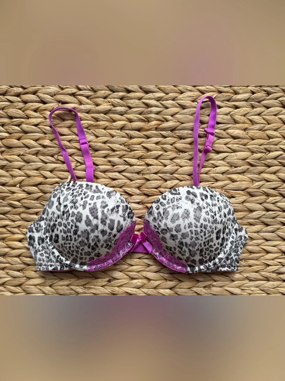 La Senza | Purple & White Leopard Print Push-Up Bra with Lace Trim - Picture 2 of 7